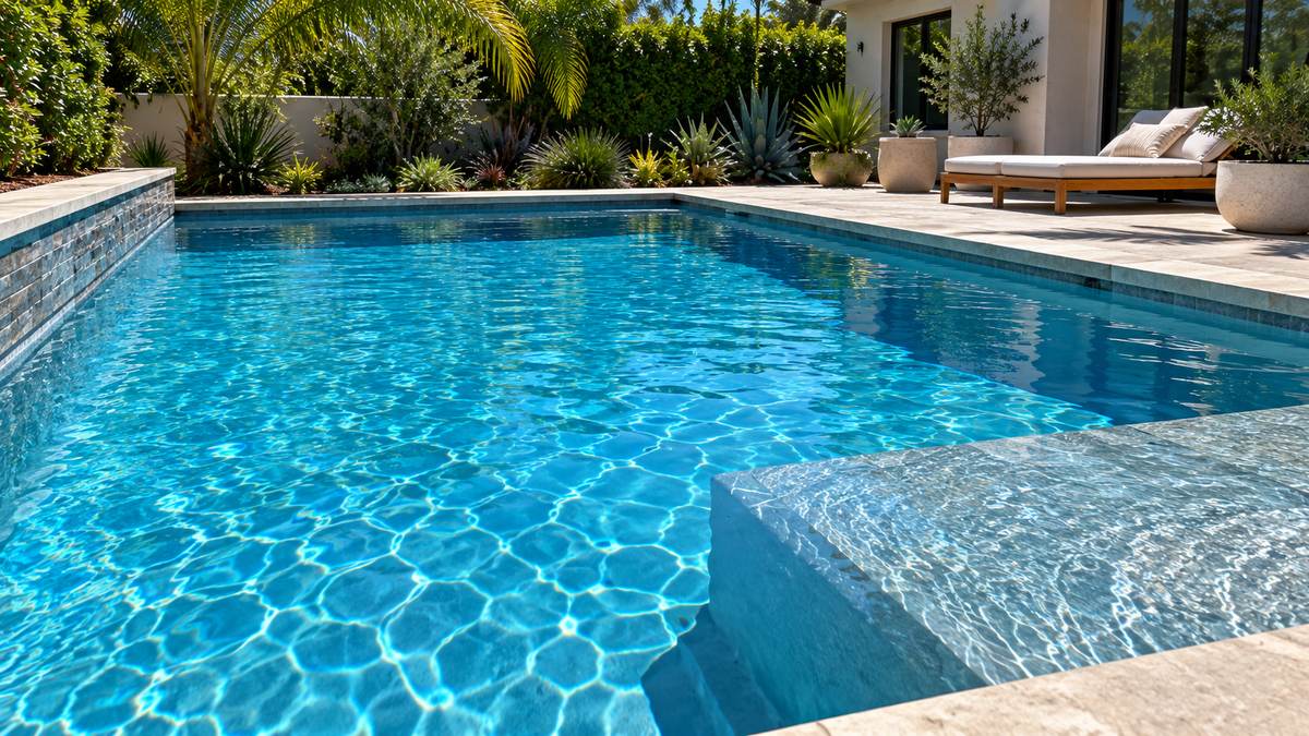 Clear blue backyard pool with a spa spillover in Los Angeles