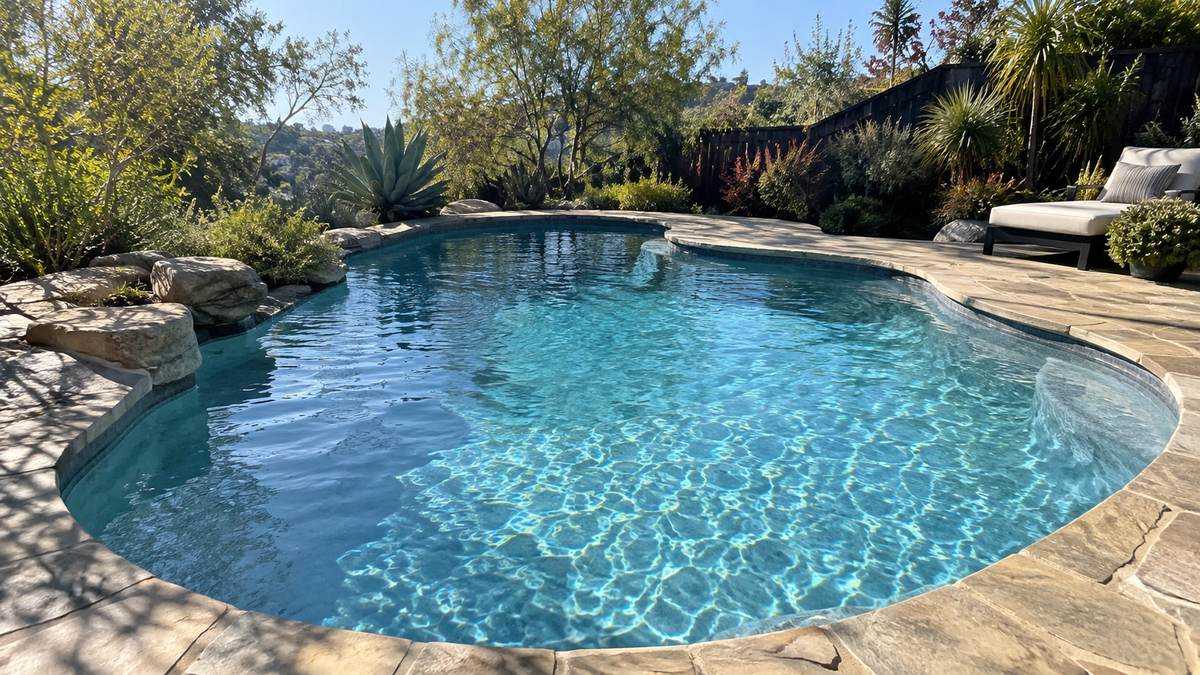 Freeform backyard pool with stone coping and garden landscaping