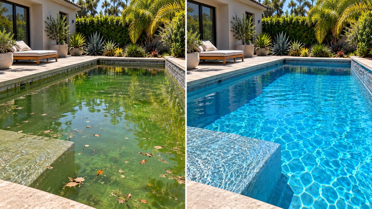 Side by side: a green, algae-filled pool and the same pool clear and blue