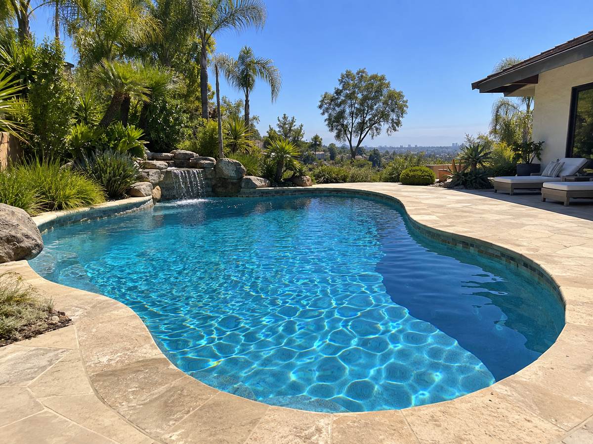 Hillside pool with a rock waterfall overlooking Los Angeles