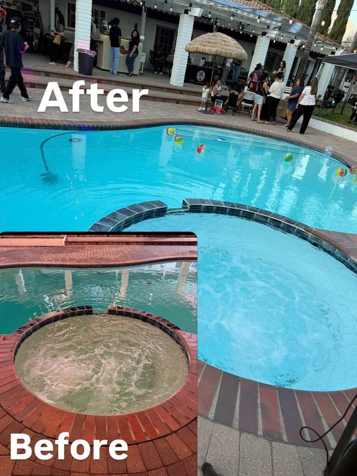 Pool and spa before and after cleaning, green spa water turned clear