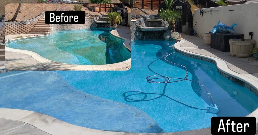 Pool after vacuuming, with the vacuum hose still in the water